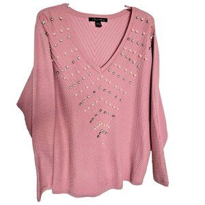 Pink Size L V-Neck Sweater With Pearl & Rhinestone Accents Ribbed A Love Story